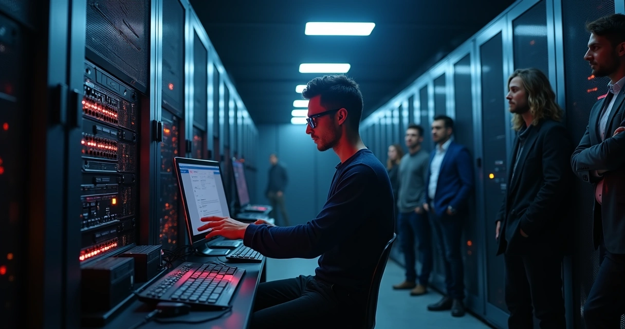 Profissional de TI recuperando sistemas em sala de servidores pós-incidente de ransomware 