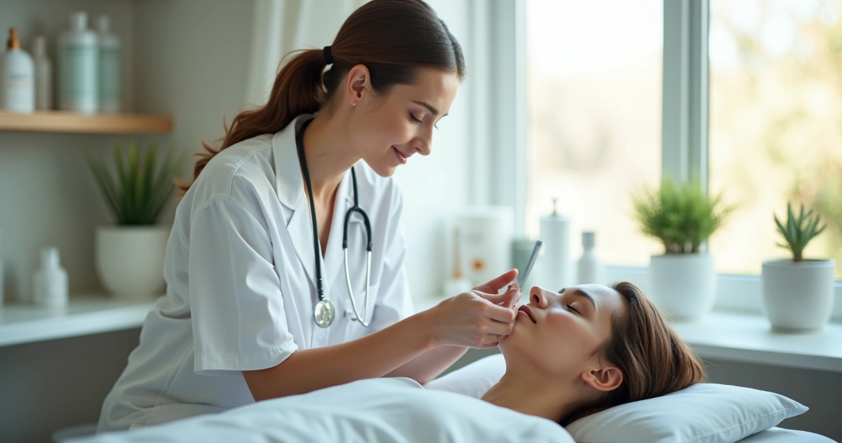 Profissional de saúde realizando cuidados faciais em paciente em ambiente clínico moderno. 