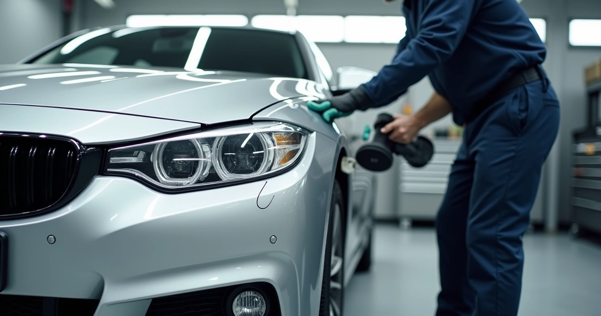 Mecânico restaurando farol de carro com diferença entre lado opaco e lado polido 