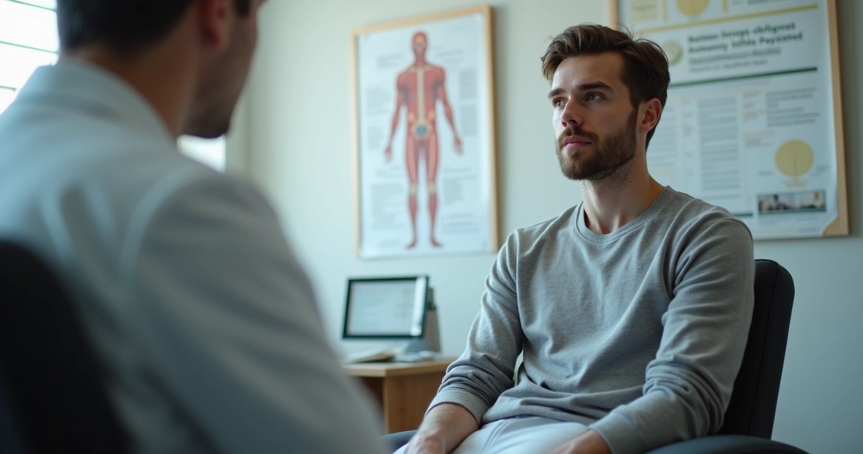 Homem sentado em consultório médico conversando com urologista 