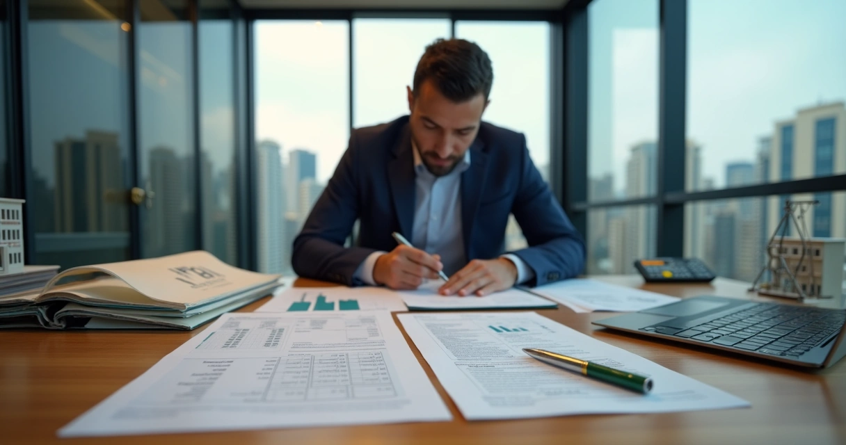 Advogado analisando documentos imobiliários e cálculo de ITBI em escritório corporativo 