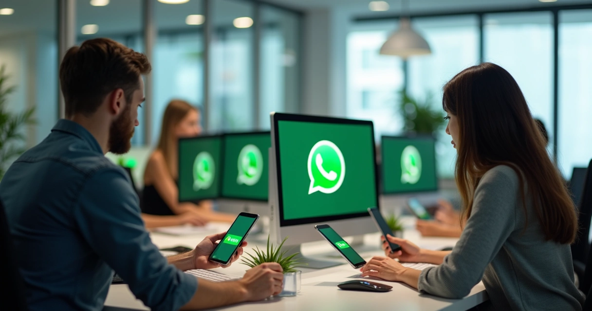 Equipe enviando mensagens de WhatsApp em ambiente de escritório moderno 