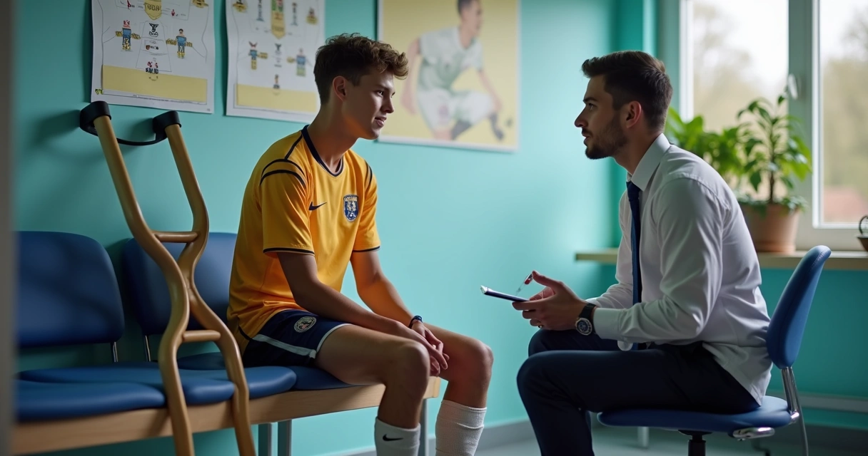 Psicólogo conversando com jovem atleta lesionado durante reabilitação 