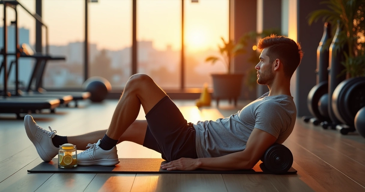 Atleta relaxando em esteira de academia alongando pernas após treino intenso 