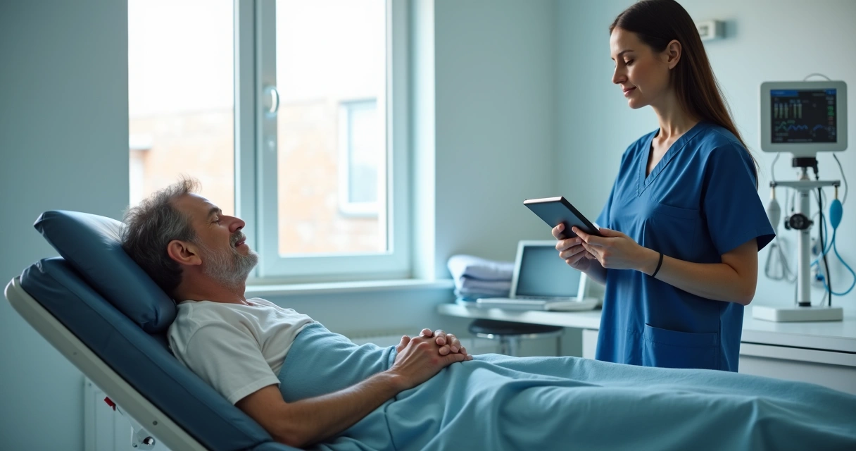 Paciente sentado em cadeira medica sendo observado por profissional, ambos calmos 