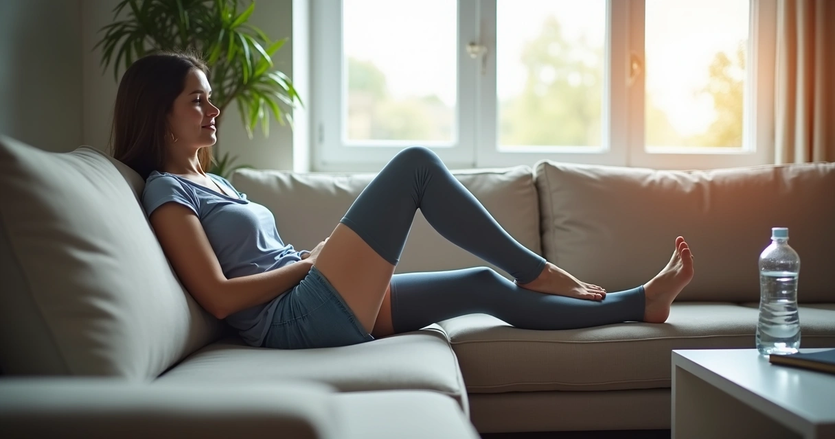 Paciente usando meia elástica relaxando em sofá após tratamento de varizes