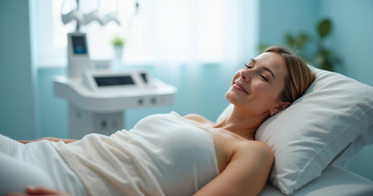 Paciente deitada em consultório após tratamento de varizes na perna, sorrindo e com semblante calmo. 