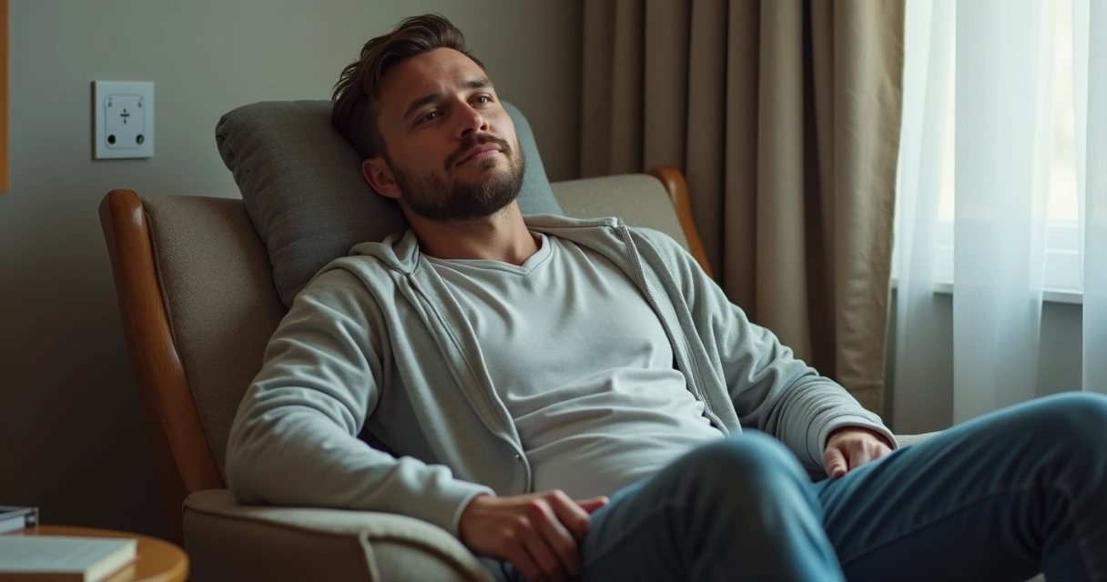 Homem jovem recuperando-se sentado em cadeira em casa olhando para frente
