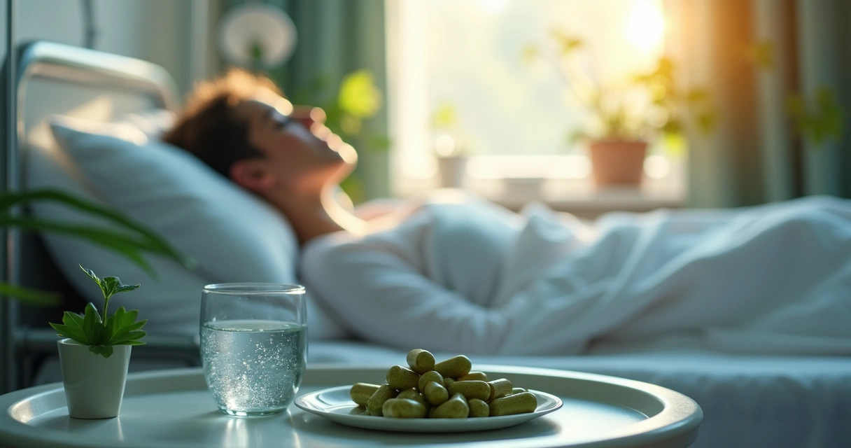 Paciente se recuperando em cama de hospital com luz suave