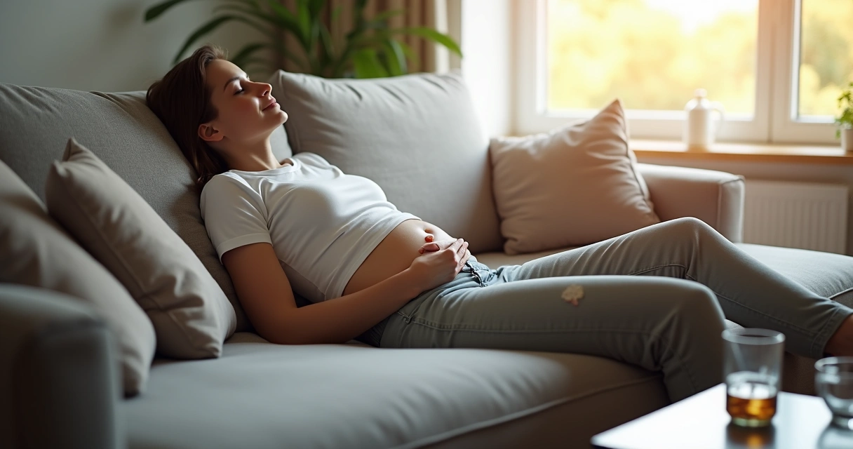 Pessoa repousando em casa após cirurgia, com curativo pequeno no abdome 