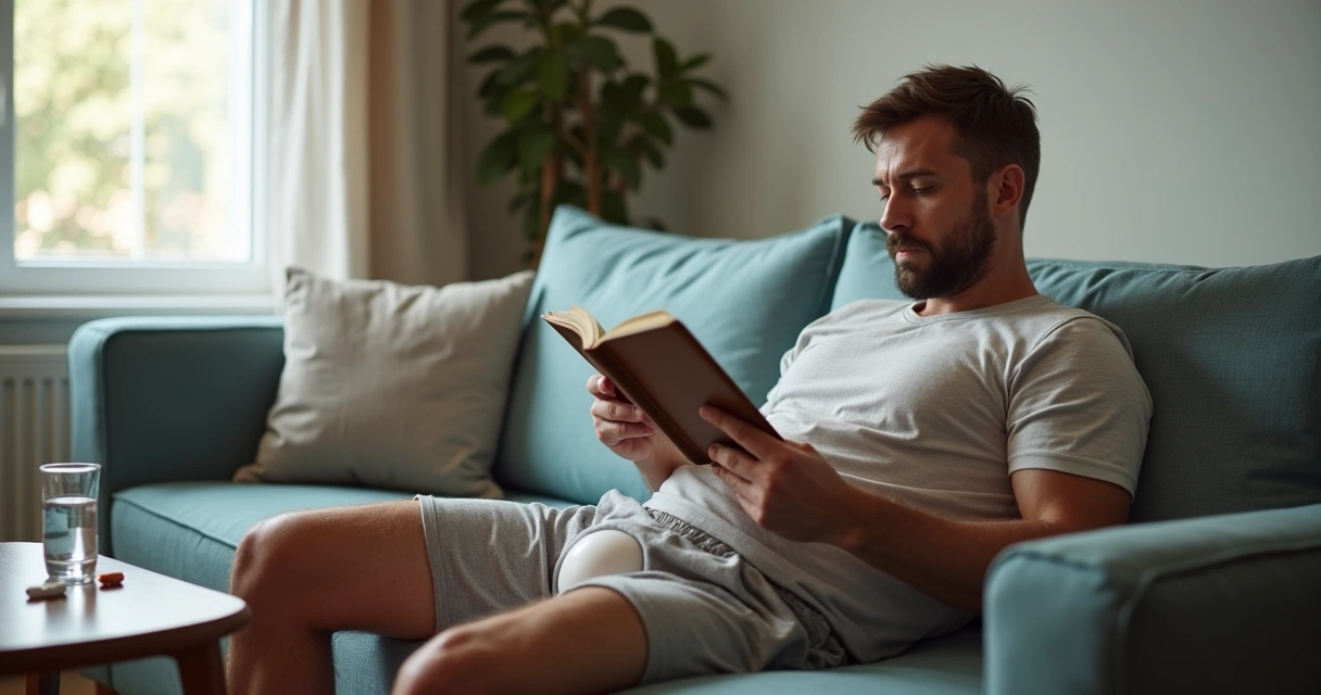 Homem em recuperação pós-cirurgia sentado em casa, com suspensório escrotal 