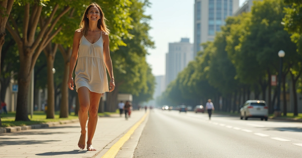 Paciente caminhando feliz pelas ruas modernas de Brasília após tratamento vascular 