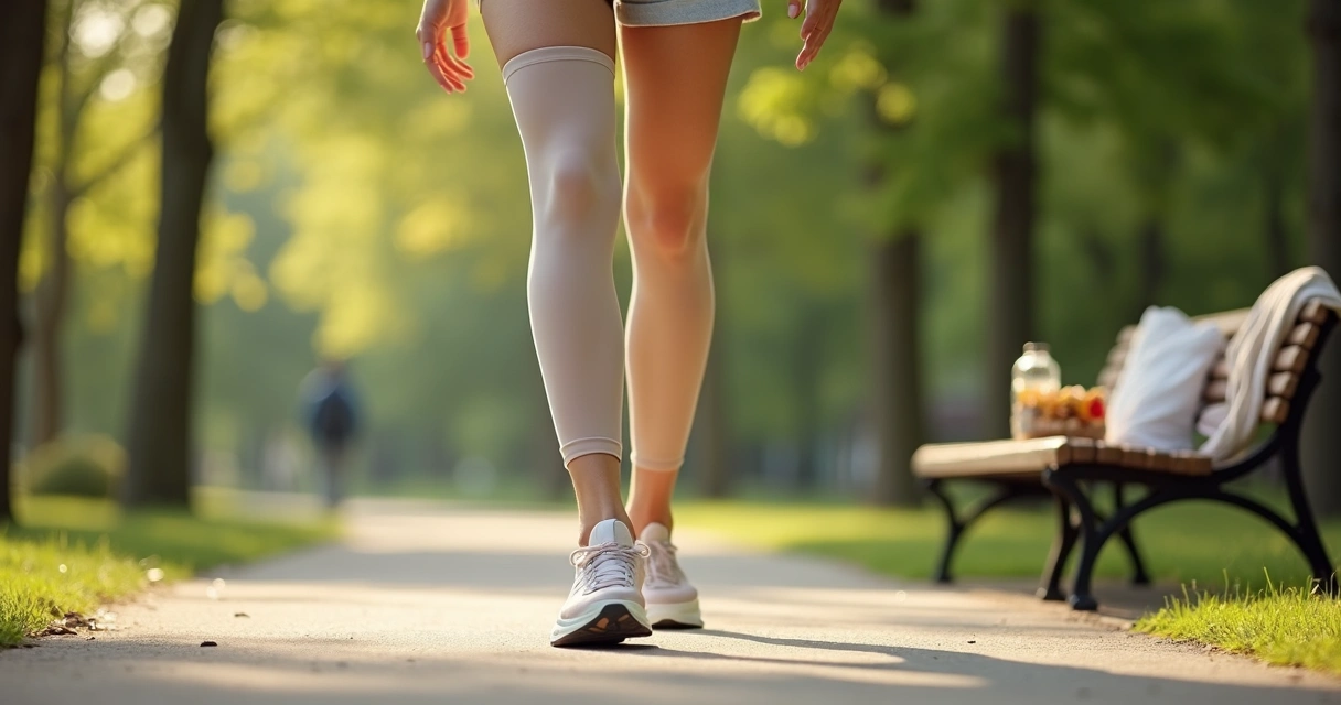 Mulher caminhando em parque sombreado com meia de compressão após tratar varizes a laser 