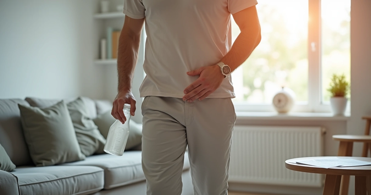Paciente caminhando em casa após cirurgia com orientação médica 