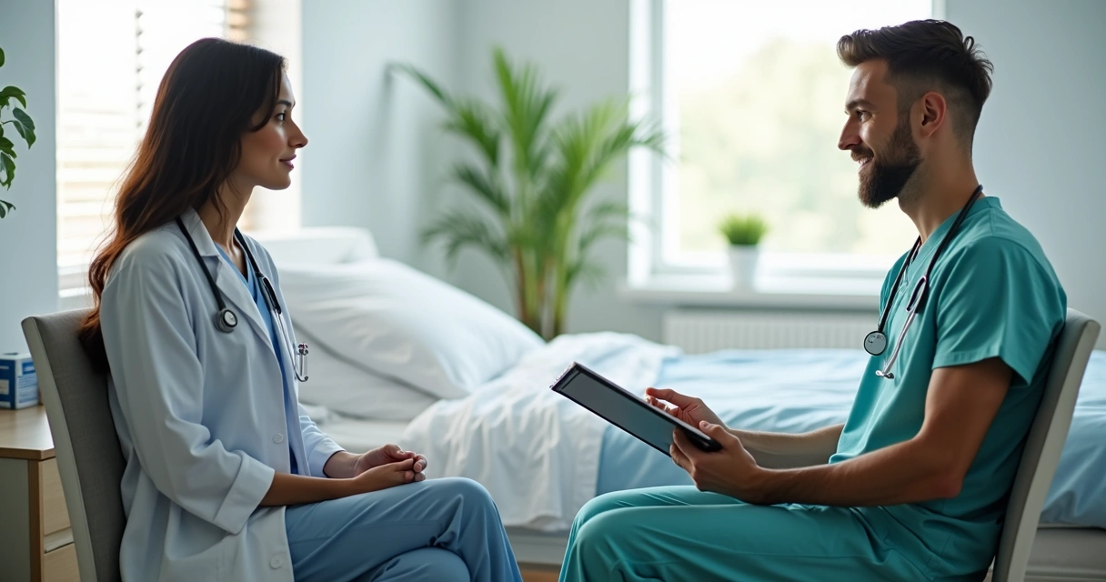 Paciente em recuperação pós-operatória com orientações médicas 