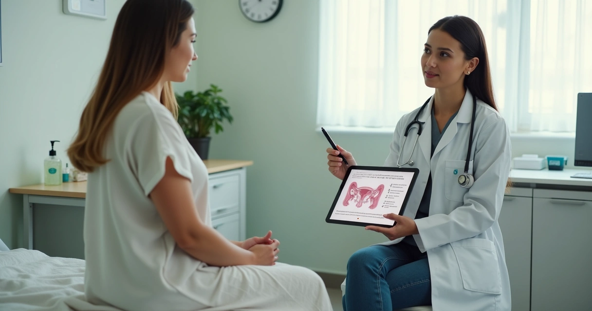 Paciente em consulta pós-operatória com cirurgiã coloproctologista explicando cuidados de recuperação 