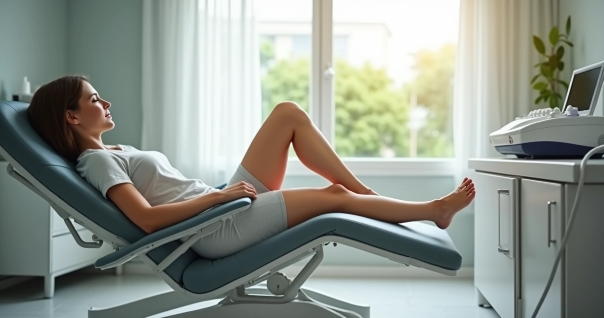 Paciente descansando com as pernas elevadas após tratamento moderno para varizes em ambiente clínico limpo e iluminado 