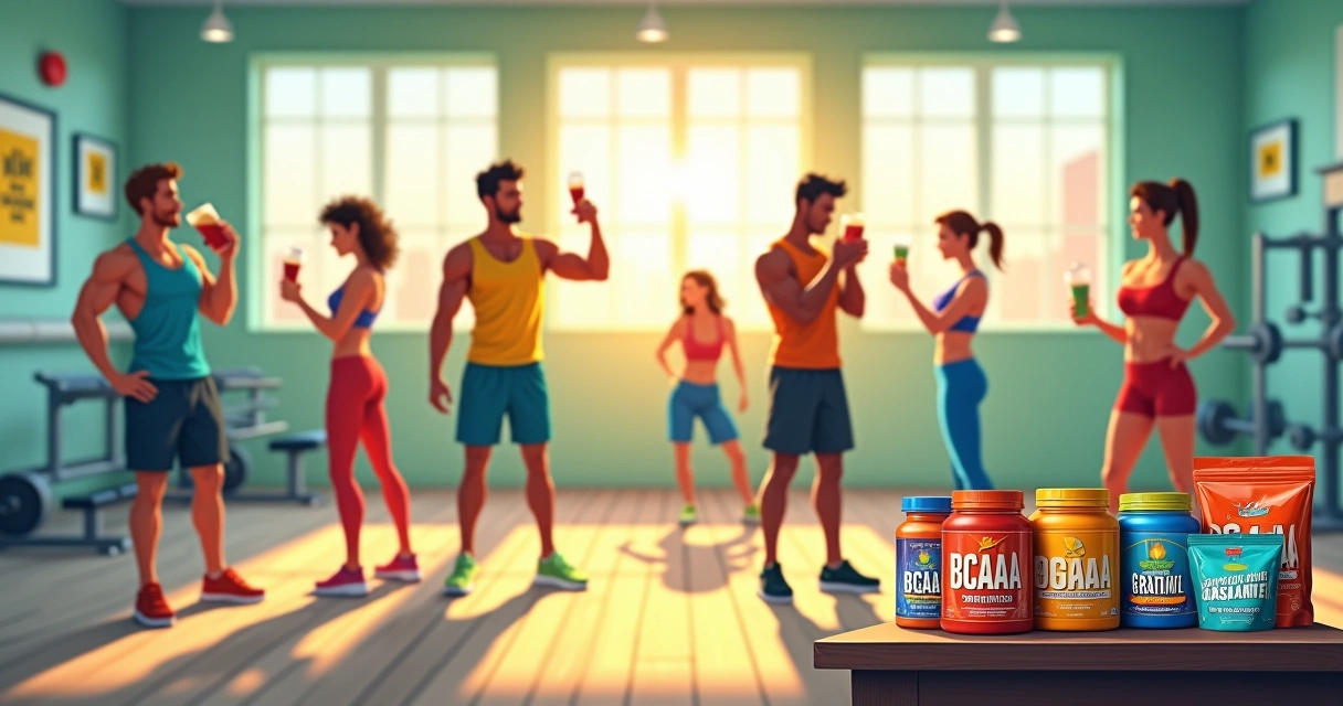 Grupo diverso de atletas se recuperando após treino com suplementos naturais, como creatina e proteína.