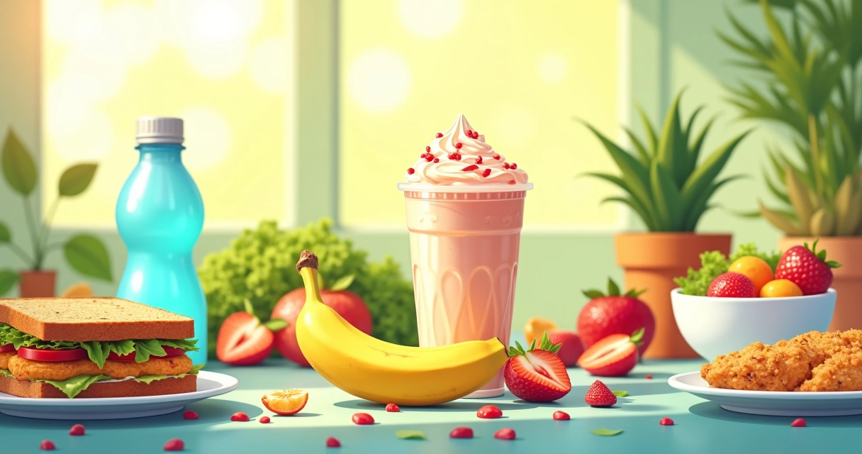 Cena colorida de recuperação pós-treino com shake de proteína, banana, sanduíche e iogurte.