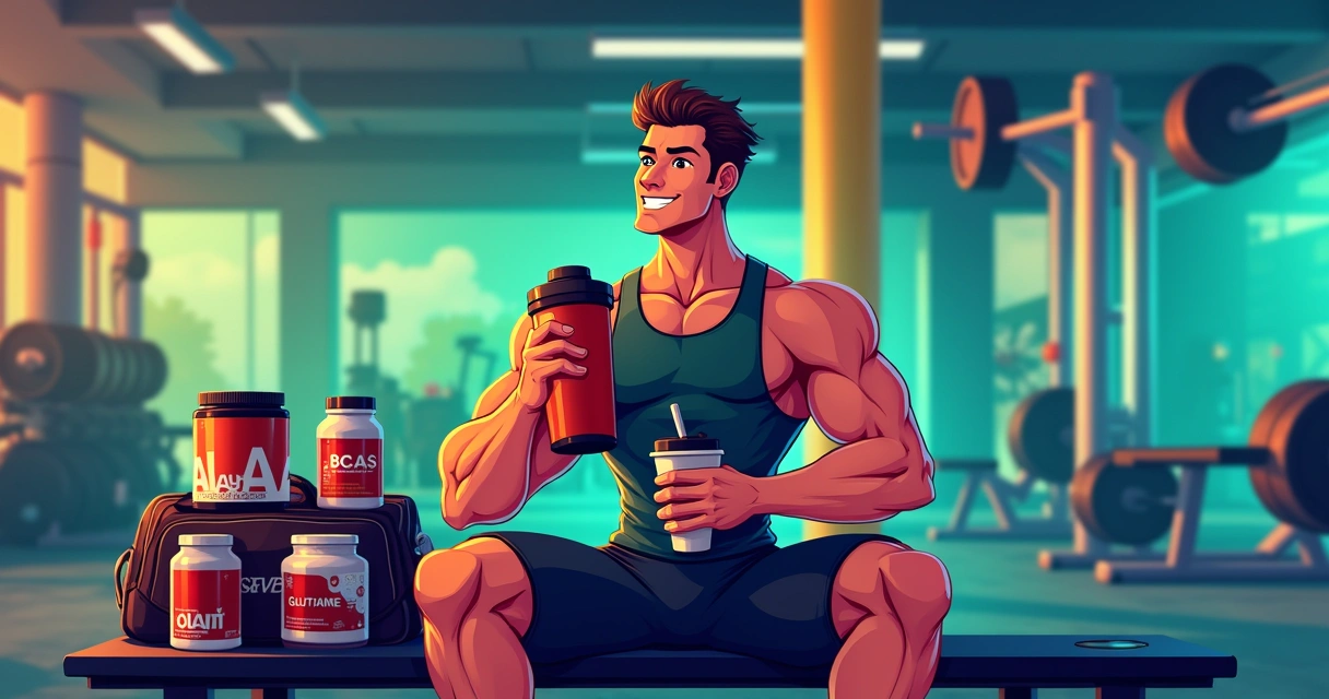 Atleta sorridente usando suplemento de pós-treino com produtos de recuperação ao redor em um ambiente de academia.