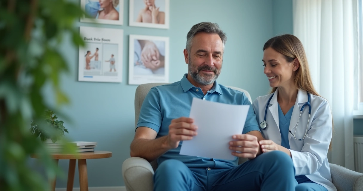 Homem sentado na clínica, com expressão calma e orientações médicas após preenchimento