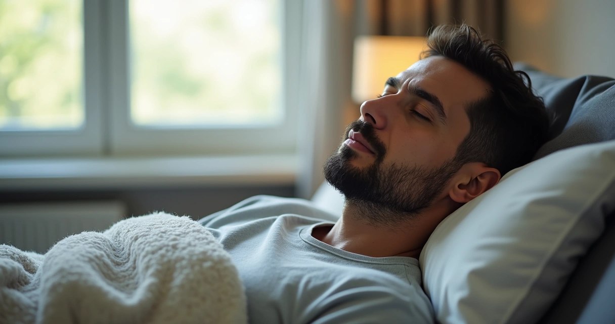 Homem deitado em casa após procedimento, cobertor leve, expressão tranquila 