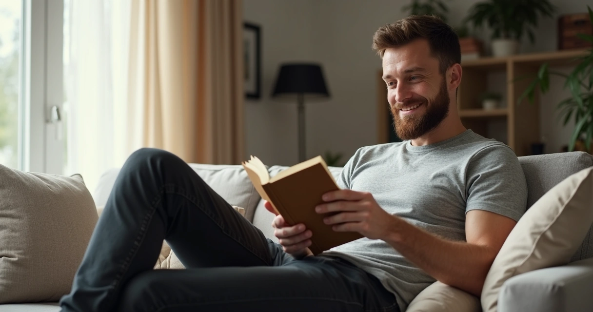 Homem sentado relaxando em casa com curativo pequeno e sorriso discreto