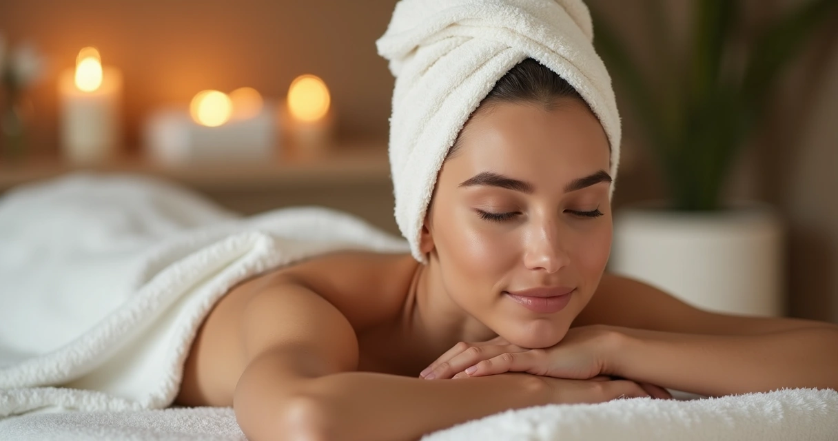 Pessoa deitada em ambiente relaxante após procedimento estético, com toalha na cabeça e pele visivelmente tratada.