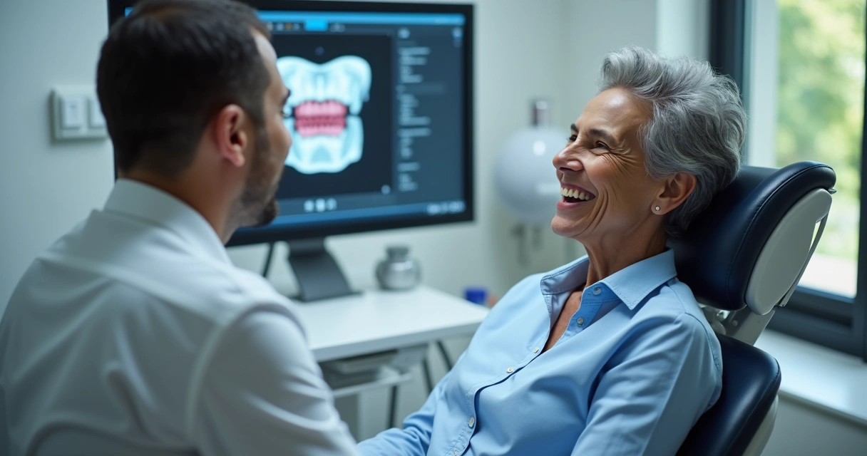 Paciente sorrindo após implante dentário moderno