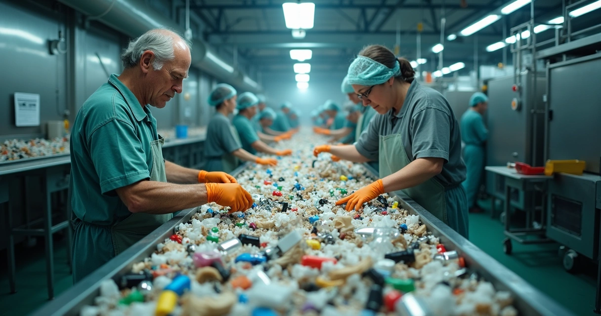 Funcionários separando plásticos, metais e papéis em esteira de triagem em planta TMB 