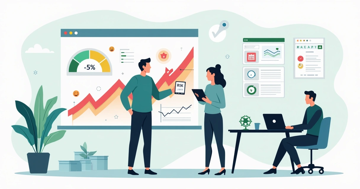 Ilustração de equipe de marketing analisando score negativo e plano de recuperação de marca 
