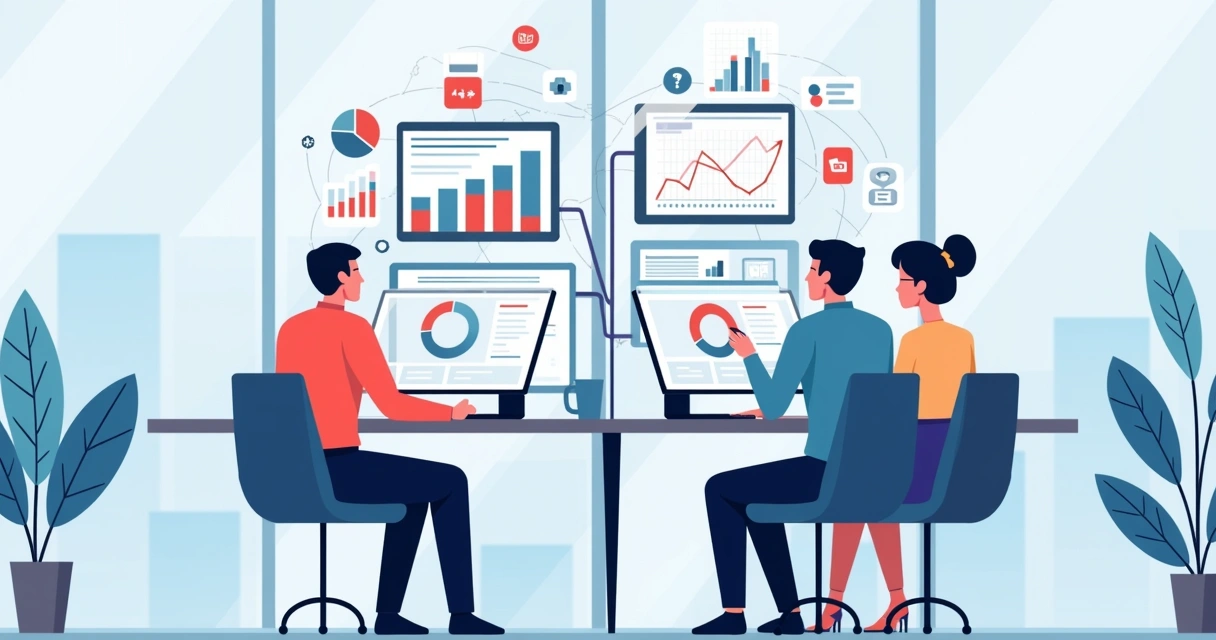 Equipe analisando dados de reputação em computadores e gráficos digitais 