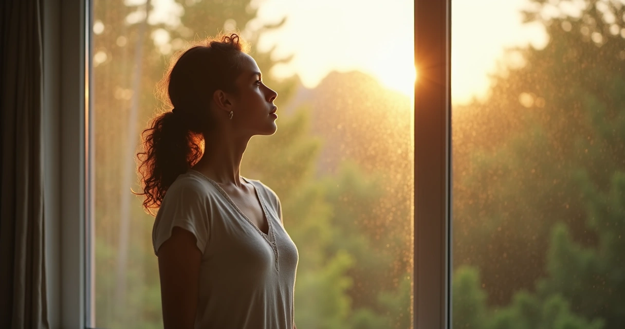 Pessoa olhando para janela, luz suave e expressão de renovação 
