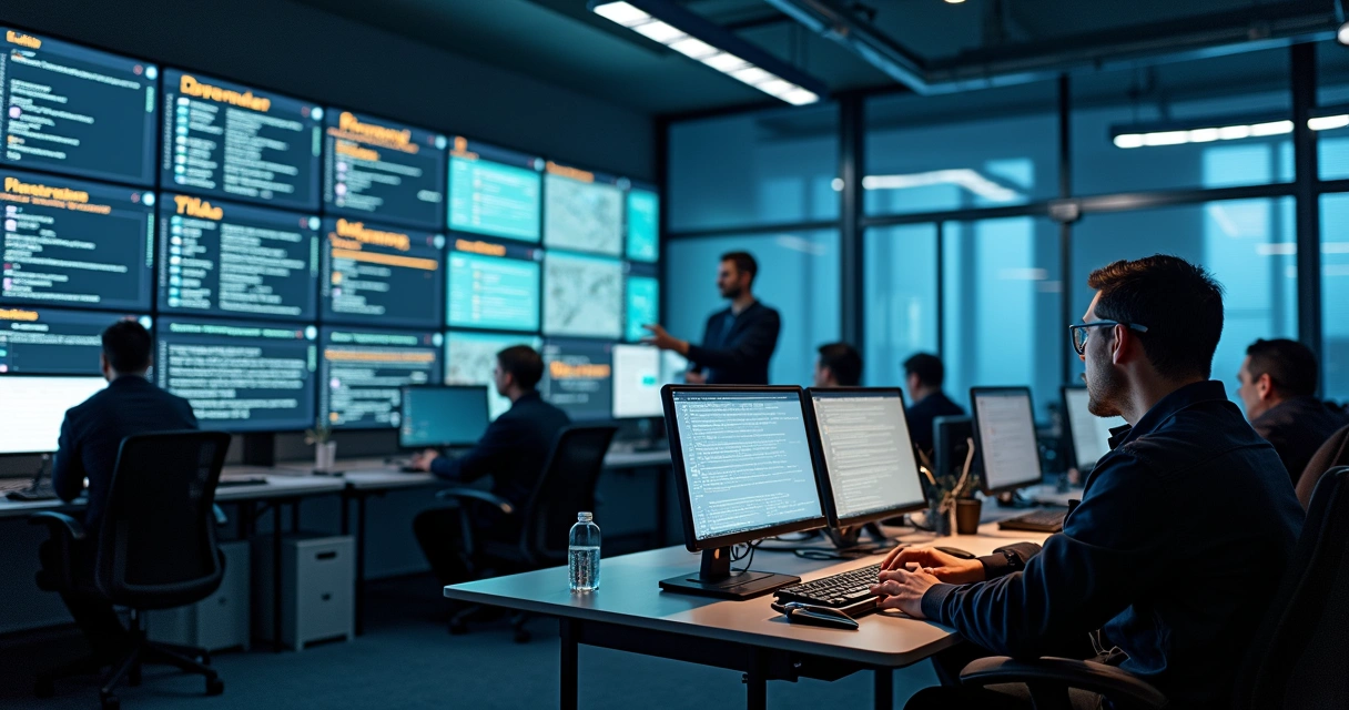 Equipe de engenheiros de nuvem em sala resolvendo pane, telas exibindo serviços AWS 