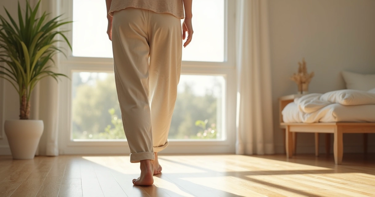 Pessoa caminhando com roupas confortáveis em ambiente iluminado por luz natural. 