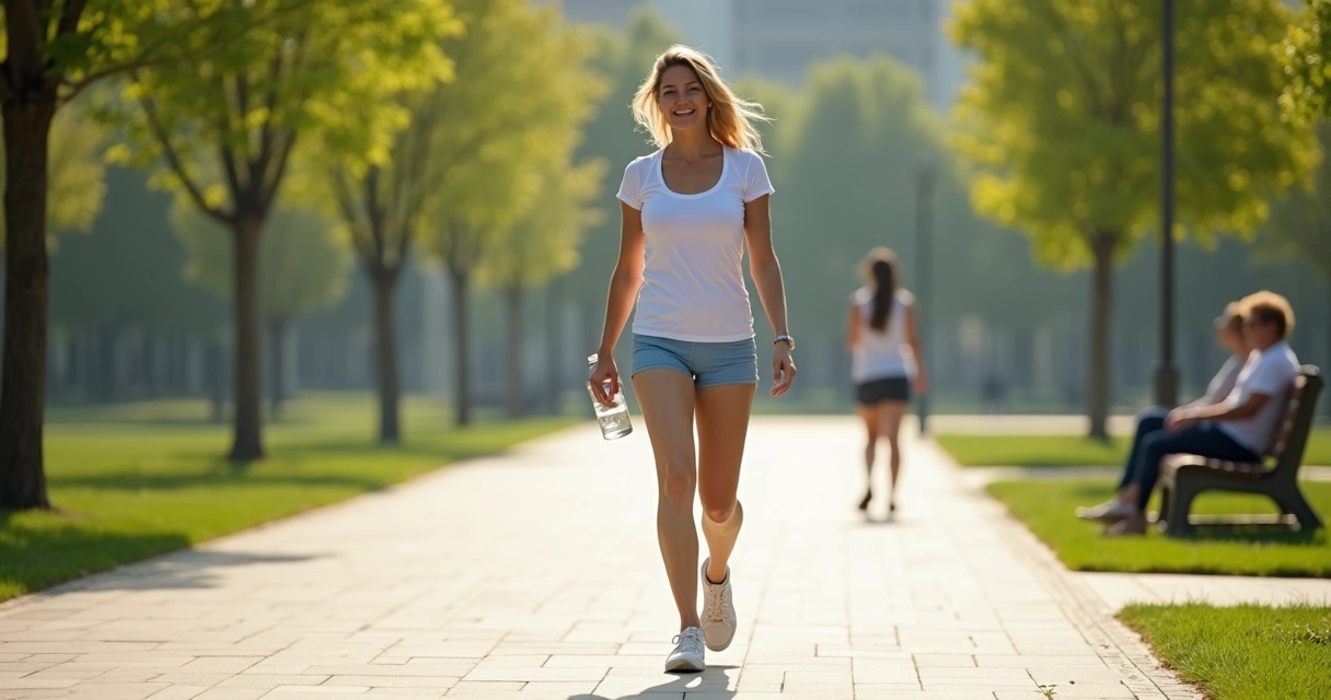 Mulher caminhando ao ar livre com meias de compressão após tratar varizes 