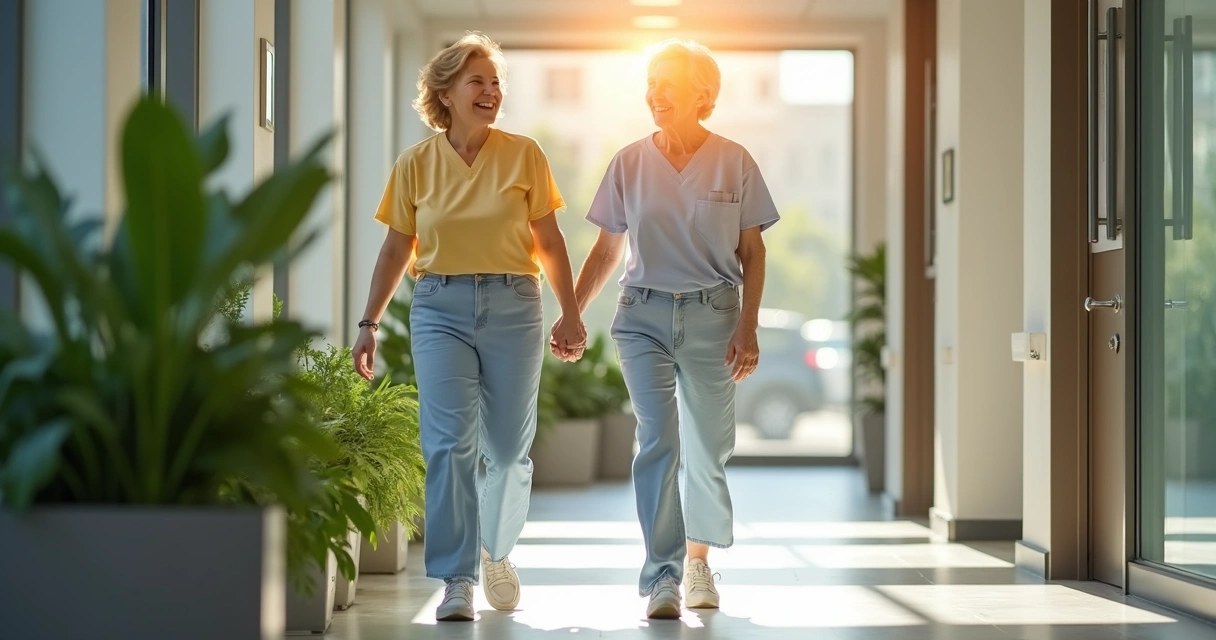 Paciente sorridente caminhando após tratamento moderno para varizes em clínica 