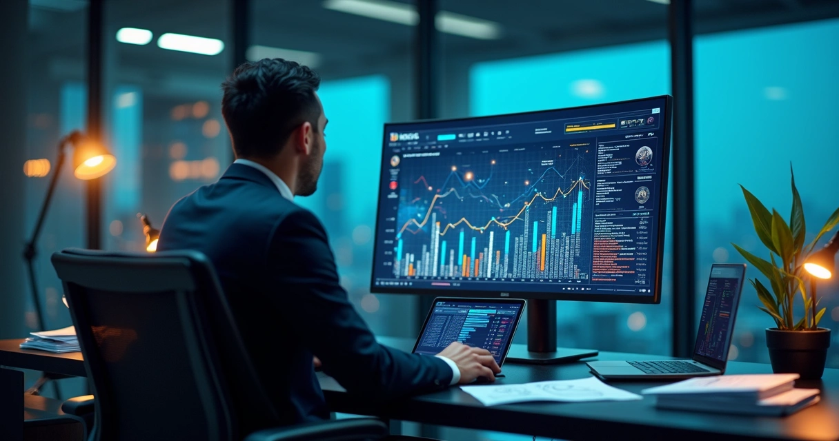 Profissional analisando painel fiscal digital com gráficos de recuperação tributária 