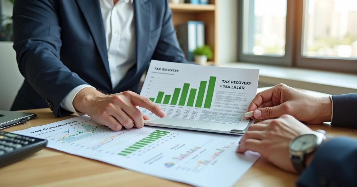 Empresário analisando gráficos de recuperação tributária em escritório moderno 