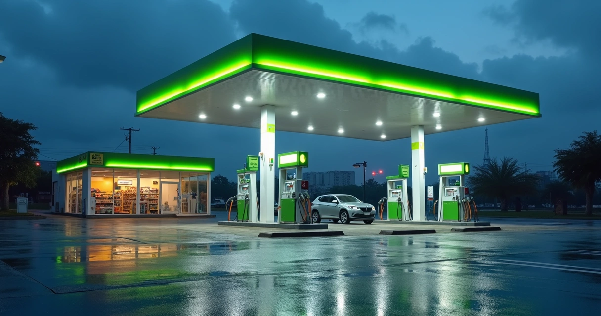 Vista noturna de posto de combustível com sistema de recuperação de vapores 