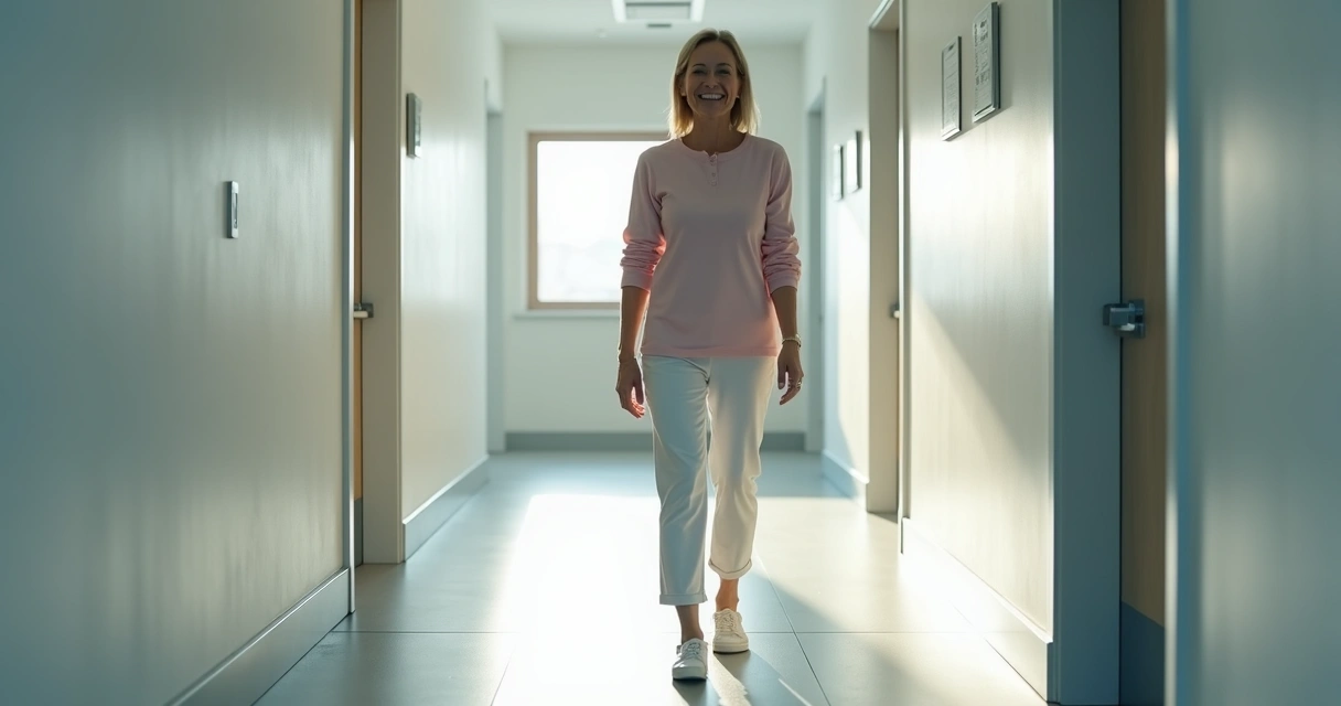 Paciente caminhando em clínica após tratar varizes 