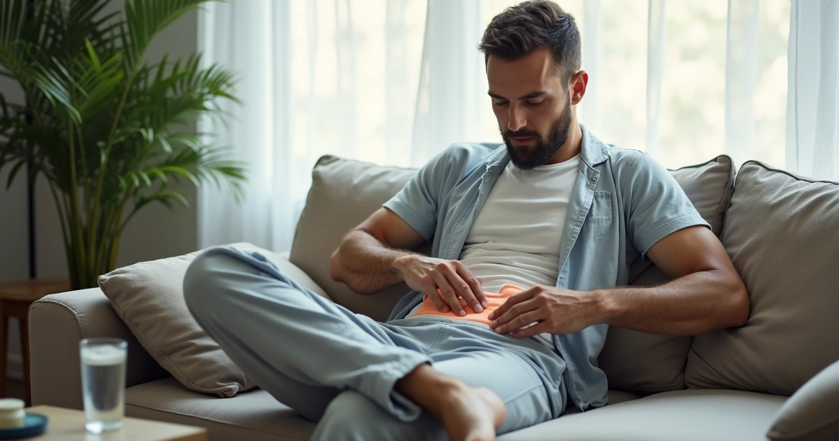 Homem descansa com compressa na virilha após vasectomia 