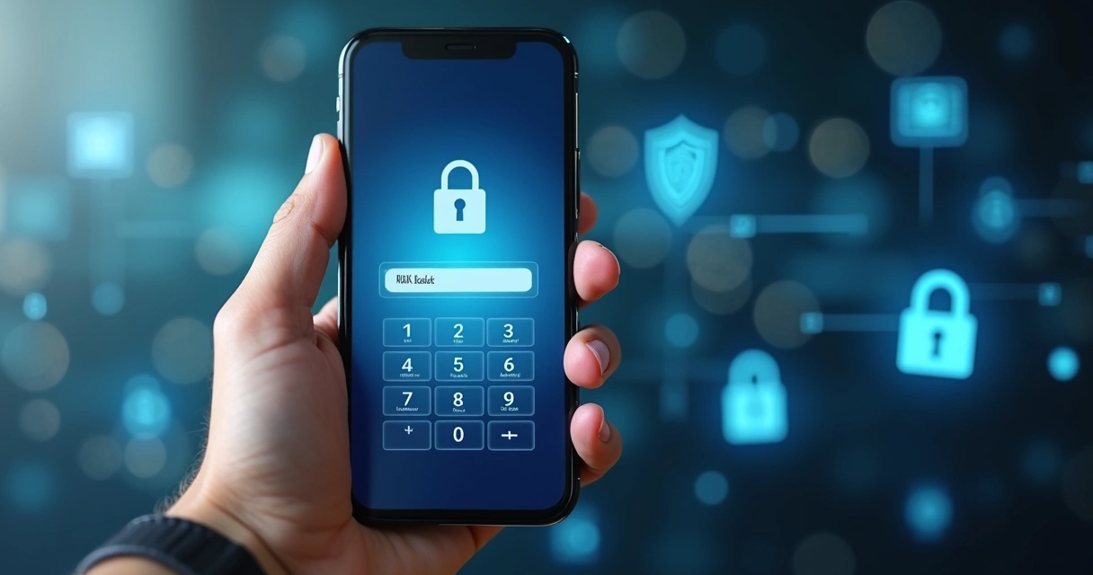 Pessoa segurando smartphone com tela do banco digital bloqueado, teclado virtual e fundo com ícones de segurança digital 