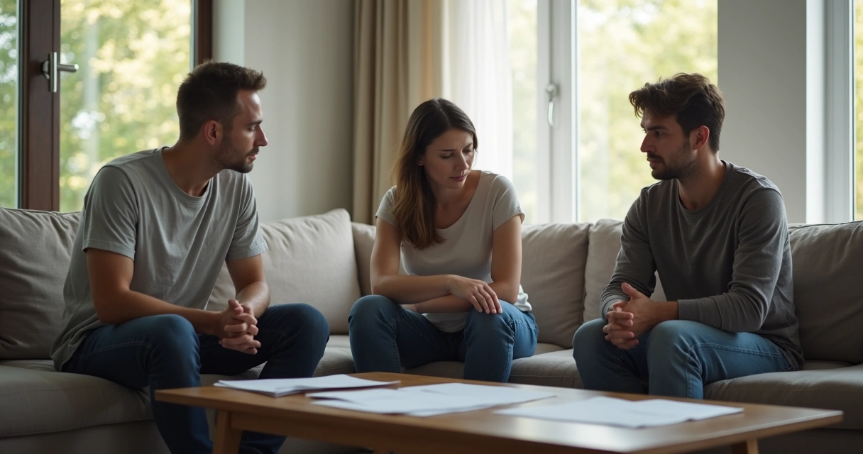 People in a living room, looking away from each other with tension visible, sitting in a recurring pattern