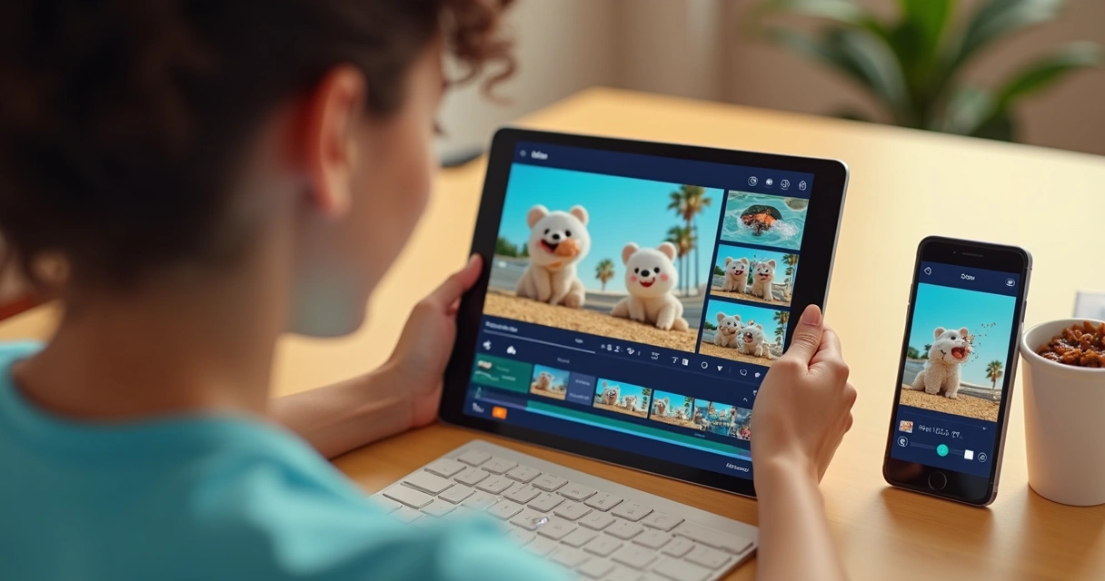 Pessoa sorrindo enquanto edita vídeo em tablet com interface simplificada 