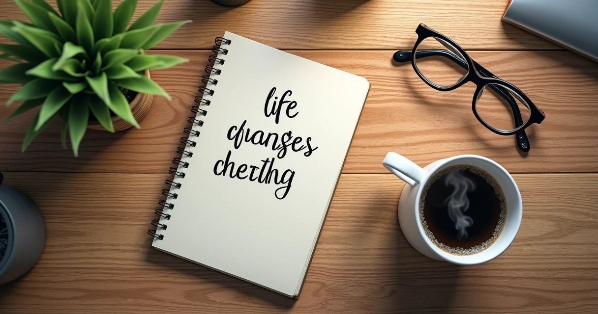 Mesa de trabalho com caderno, xícara de café, algumas anotações e óculos ao lado de um vaso de planta 