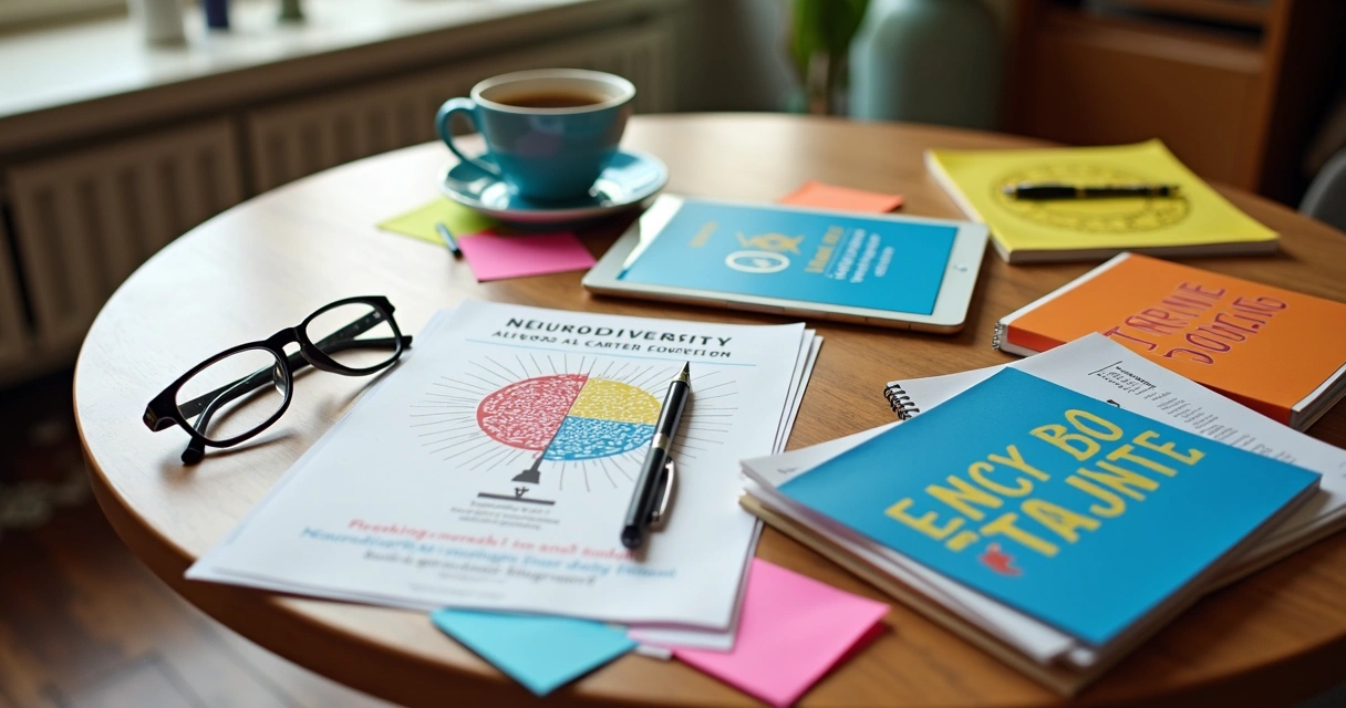 Materiais educativos variados sobre neurodiversidade em mesa 