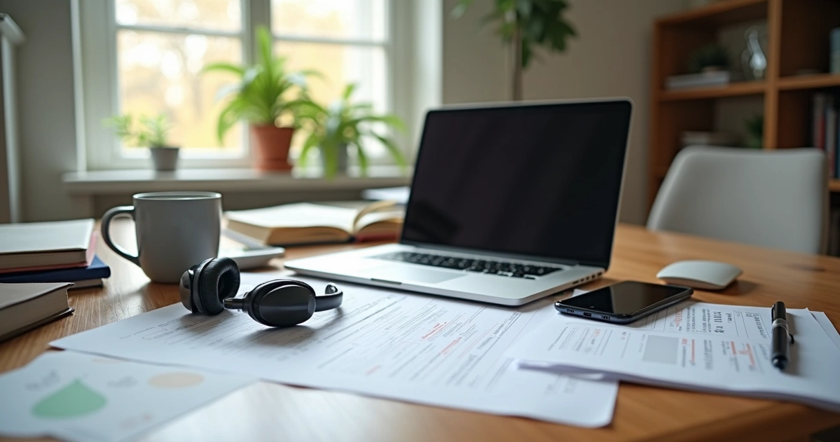 Computador com documentos de empresa e objetos pessoais misturados na mesa 