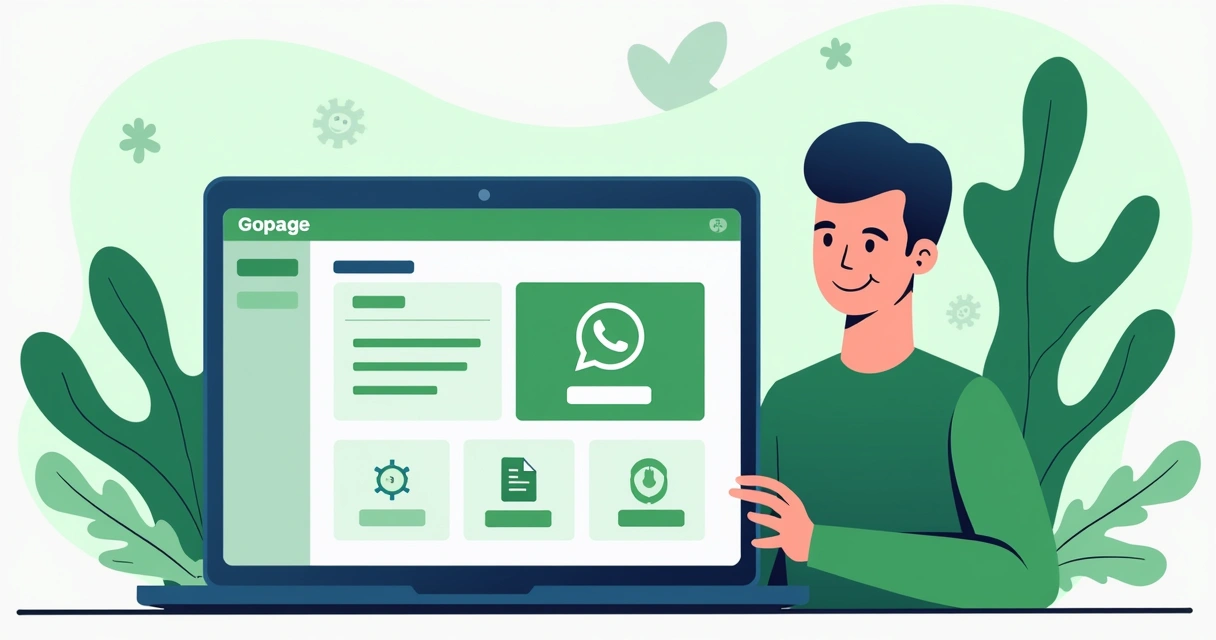Painel de recursos da Gopage com destaque para catálogo, WhatsApp e cupons 