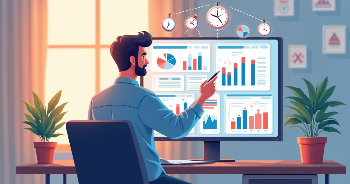 Gerente de RH analisando dados de desempenho em tela digital, com elementos representando folha de pagamento, férias e controle de ponto. 